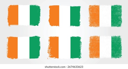 Seis versões criativas da bandeira da Costa do Marfim com listras verticais laranja, brancas e verdes, texturas de pincel áspero e bordas pintadas angustiadas.
