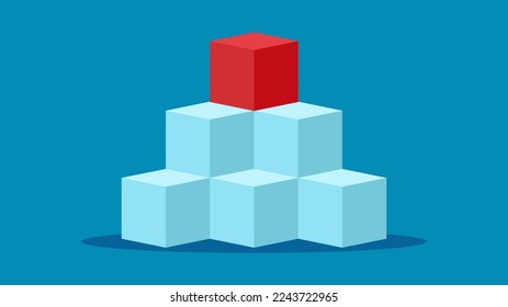 Seis cubos y un cubo rojo apilados en un fondo azul. concepto de liderazgo