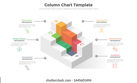 Six cubic columns or levels to compare. Concept of 6 stages or steps of modern business strategy plan. Creative infographic design template. Futuristic vector illustration for presentation, report.