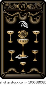 Six of cups. Card of Minor arcana black and gold tarot cards. Tarot deck. Vector hand drawn illustration with skull, occult, mystical and esoteric symbols.