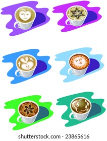 Six cups of chocolate or cappuccino decorated with cream