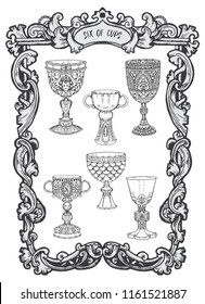 Six of cups. Minor Arcana tarot card. The Magic Gate deck. Fantasy engraved vector illustration with occult mysterious symbols and esoteric concept