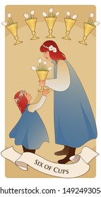 Six of cups. Tarot cards. A young teenage girl offering a golden cup with flowers to a little girl. Five golden cups with tulip flowers in the background.