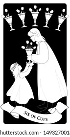 Six of cups. Tarot cards. A young teenage girl offering a golden cup with flowers to a little girl. Five golden cups with tulip flowers in the background.