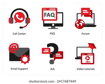 Six Customer Support Red and Black Icons as call center, faq, forum