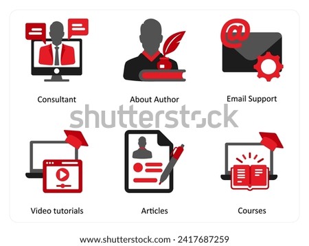 Six Customer Support Red and Black Icons as consultant, about author, email support