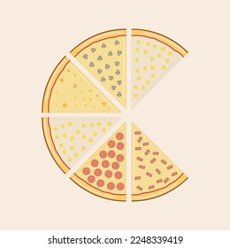 Six cut vector pizza slices with pineapple, mushroom, cheese, pepperoni and bacon flavors.