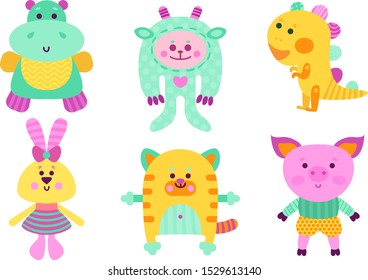 Six Cute Babies Animals Cartoon Characters Colorful Vector Illustration Set
