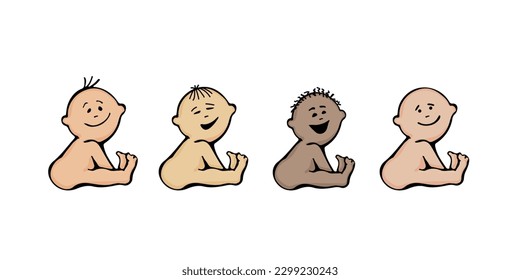 Six cute babies of different nations with different emotions. In cartoon doodle style. Isolated on white background