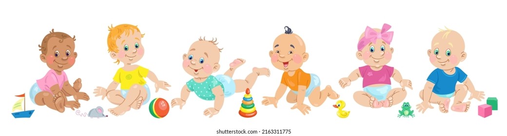 Six cute babies with their favorite toys. Happy children of different skin colors in different poses. Banner in cartoon style. Isolated on white background. Vector illustration