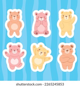 six cute bears group characters