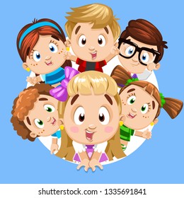 Six cute boys and girls in green, pink, blue, red dresses and shirts waving hands, peeping out, jumping out round frame on blue background. Cartoon template, design for children`s, baby`s products.