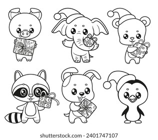 Six cute cartoon animal new year characters with gifts outlined for coloring page on white background