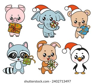 Seis lindos personajes de caricatura animal de año nuevo con regalos coloreando variación sobre fondo blanco