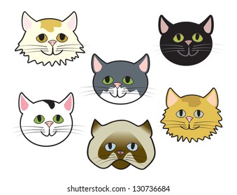Six cute cartoon cat faces of various breeds.