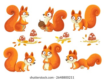 Six cute cartoon  fluffy squirrels with autumn decorative fly agarics set isolated on white background