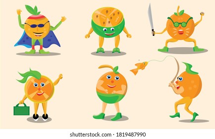 Sechs süße Cartoon-Obstfiguren. Orangefarbene Fruchtcartoons für die Illustration von Kindern. Vektorbasiertes Bild.