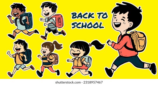 Six Cute Cartoon Kids Boys and Girls Walking Running Happy Back to School Vector Illustration.