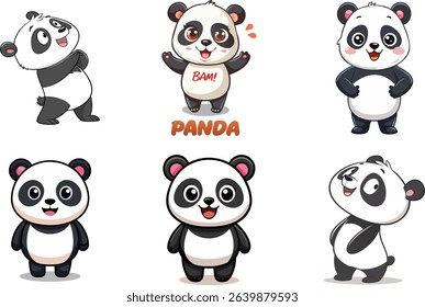 Six Cute Cartoon Panda Bear Illustrations in Different Poses