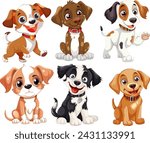 Six cute cartoon puppies with various expressions.