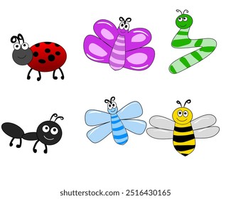 six cute cartoon-style insect illustrations. It includes a red ladybug with black spots, a purple butterfly, a green striped caterpillar, a black ant, a blue striped dragonfly, and a yellow bee.