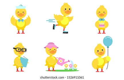 Six Cute Chicken At Different Job Cartoon Character Vector Illustration Set