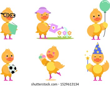 Six Cute Chicken At Different Job Cartoon Character Vector Illustration Set