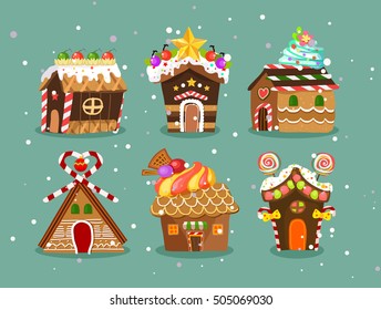 six cute christmas gingerbread house with candy and decorations