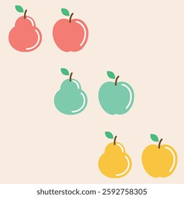 Six cute and colorful apples and pears with brown stem, green leaf and nice reflections. Vector editable iconic illustration of apple and pear fruits