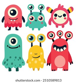 Six cute and colorful cartoon monsters, each with a unique design and happy expressions. Perfect for children's graphics, creative designs, and playful themes.