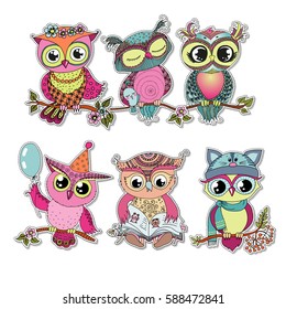 Six cute colorful cartoon owls sitting on tree branch with flowers. Funny sticker of birds on white background. Can be used for birthday cards, invitations, print, textile.