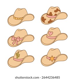 Six cute cowgirl hats in western cartoon style