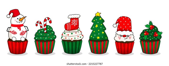 Six cute doodle Christmas Cupcakes on a white background. Isolated from background vector illustration	
