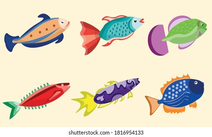 Six cute fish characters. Fish cartoon assets for learning and children's products. Vector based design