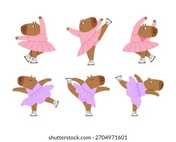 Sechs süße lustige Capybara-Figuren tanzen auf Schlittschuhen. Handgezeichnete Vektorgrafik im Cartoonstil.