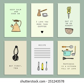 Six cute and funny cards.Kitchenware. Doodle set. Vector