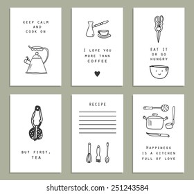 Six cute and funny cards.Kitchenware. Doodle set. Vector