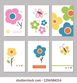 Six cute greeting cards with pink, green, blue, orange and yellow flowers and butterflies on white background