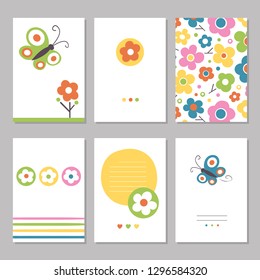 Six cute greeting cards with pink, green, blue, orange and yellow flowers and butterflies on white background