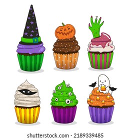 Six Cute Halloween Cupcakes on a white background. Isolated from background vector illustration