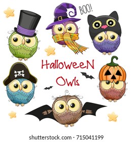 Six Cute Halloween Owls isolated on a white background