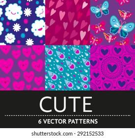 Six cute kawaii seamless vector patterns