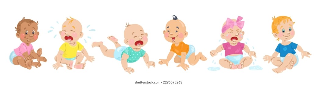 Six cute kids in different moods. They smile and cry. Banner in cartoon style. Isolated on white background. Vector illustration