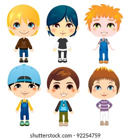 Six cute little boys from diverse ethnic groups with different clothing styles