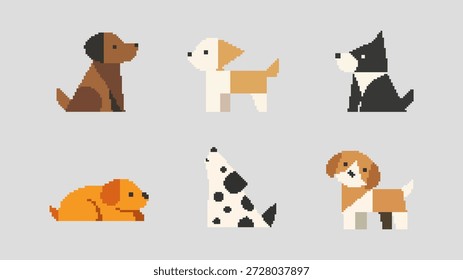Six cute minimalist pixel art dog icons featuring diverse breeds and colors, ideal for game assets, stickers, and retro-style digital projects.