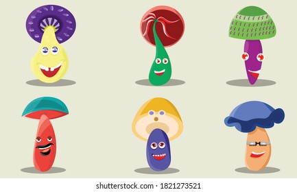 Sechs süße Pilzcharaktere. Gemütliche Cartoons für Illustrationen und Kinderprodukte. Vektordesign