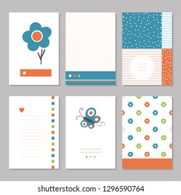 Six cute notebook covers and pages with blue and orange flowers and butterflies