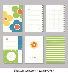 Six cute notebook covers and pages with blue, green, yellow and orange flowers and butterflies