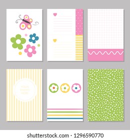 Six cute notebook covers and pages with pink, green, and yellow flowers and butterflies