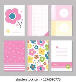 Six cute notebook covers and pages with pink, green, yellow and blue flowers